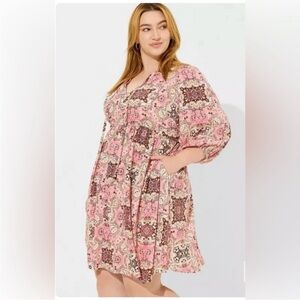 Torrid Gauze Skater Silhouette Mini Dress in Medallion Pink. Plus Size 2X.